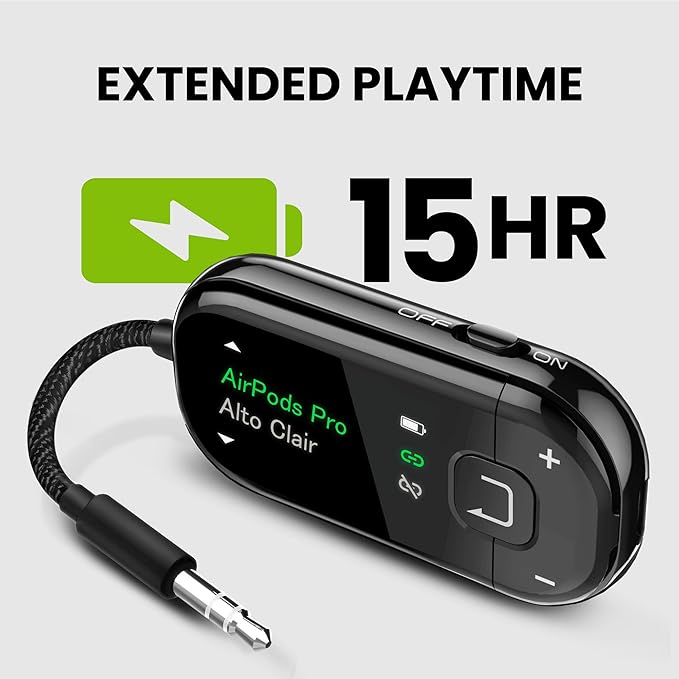 Avantree Voyager – OLED Display & Latest Auracast Bluetooth 5.4 Adapter for Airplane, Qualcomm Chip & aptX Adaptive, Wireless Audio Transmitter for Headphones, AirPods, Travel & Flight