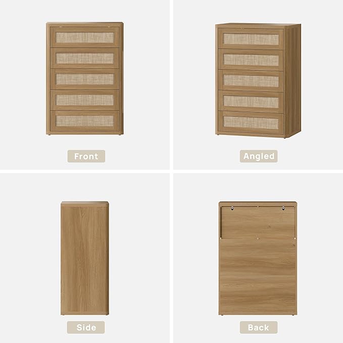 SICOTAS Tall Dresser for Bedroom - Rattan 5 Drawer Dressers Chest of Drawers with Push-to-Open Design, Modern Extra Deep Clothes Dresser with Large Storage for Closet, Living Room, Amber Oak, 2PCS