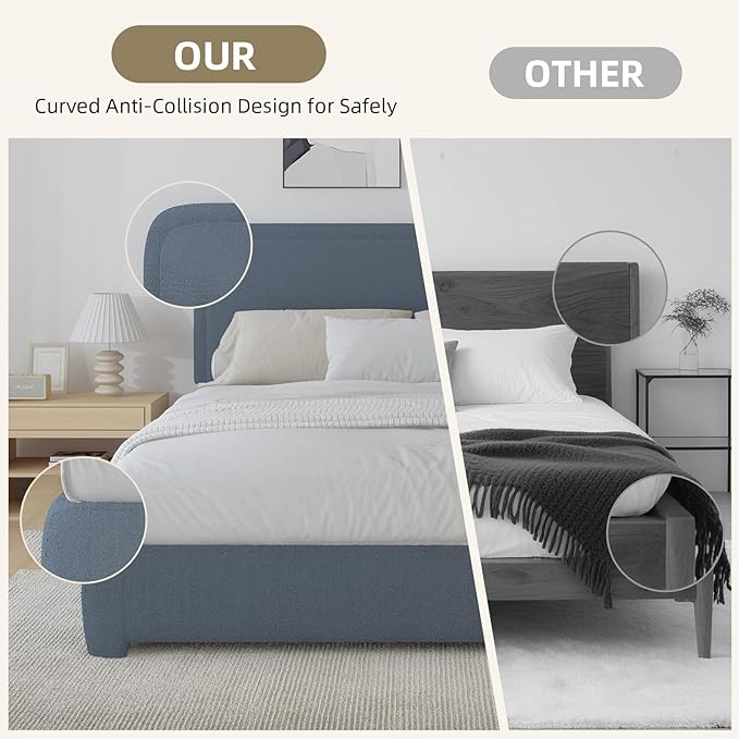 BarnFurin Boucle Upholstered Bed Frame King Size/Cloud Bed Frame/Soft Rounded Corners Headboard/Low Profile/No Box Spring Needed/Blue