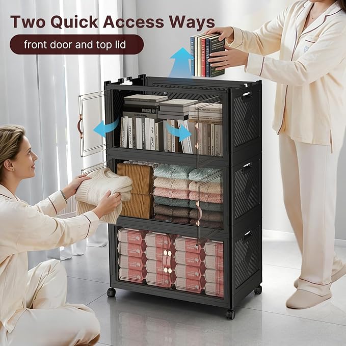 960Qt Stackable Storage Bins with Lids, 8 Pack Large Collapsible Bins with Wheels, Plastic Cabinet with Doors, Foldable Closet Organizers and Storage for Home, Dorm, Office, Black