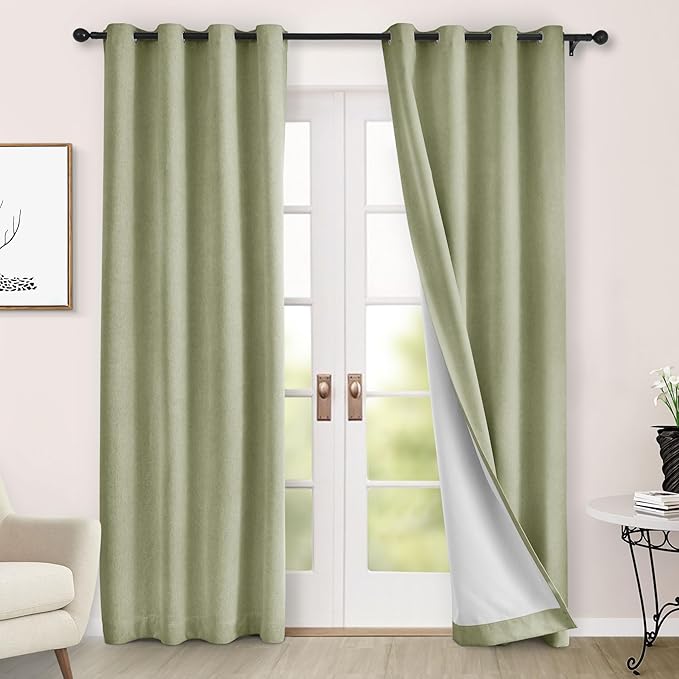 Macochico 100% Blackout Curtains Thermal Insulated Noise Reducing Chenille Curtains for Hotel Auditorium Bedroom Living Room Grommet Green Tint Curtains with Tieback Classic 52" Wx84 L 1 Panel