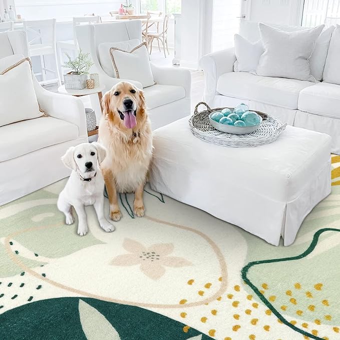 Lahome Green Machine Washable Living Room Rugs - 4x6 Area for Bedroom Throw Non-Slip Lightweight Dining Rug, Boho Botanical Print Soft Indoor Carpet Office Laundry Kitchen Entryway 4' x 6'