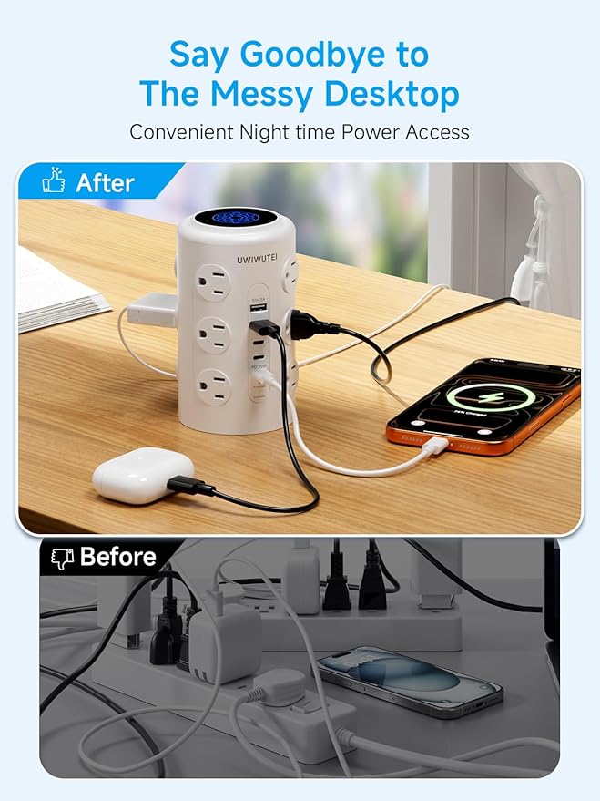 Tower Power Strip with 1 Dedicated PD 20W Fast-Charging Port, 12 Outlets, 5 USB Ports (3 USB-C), 1800J Protector, Desk Charging Station for Multiple Devices,10FT Extension Cord, Home Office Essentials