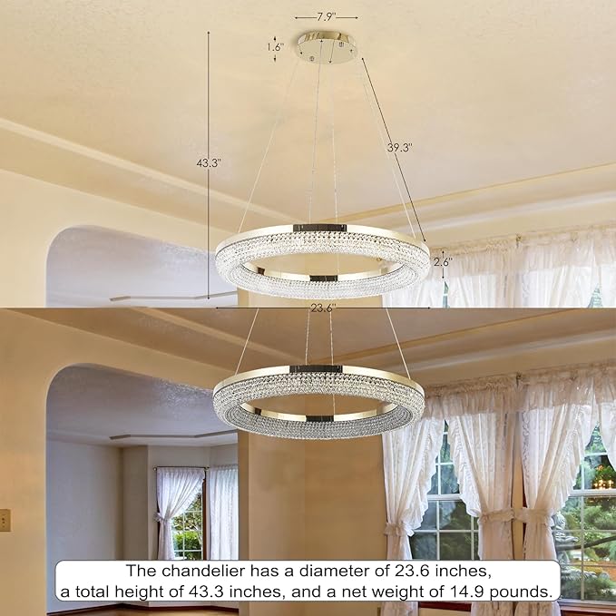 LYICYIU 23.6" Round Crysrtal Stainless Steel Pendant Lamp,3Color LED Dimmable Flush Mount Crystal Chandelier Light with Remote Control for Bedroom,Living Room, Island Entryway,Hallway Foyer (Hanging)