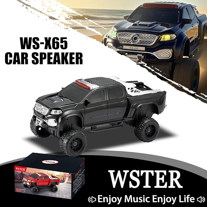 WSTER WS-X65 Pickup Truck Replica Bluetooth Speaker – HD Sound, FM Radio, TWS Stereo, LED Party Lights, USB/TF Playback, Built-in Mic – Cool Portable Car Design Speaker for Outdoors & Home (Black)