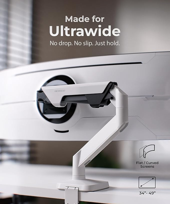 Modernsolid Heavy Duty Monitor Arm Desk Mount for 34-49 Inch Ultrawide Curved Monitors, Supports 14-38 lbs, Gas Spring Ergonomic Full Motion with Cable Management, Red Dot Design Awarded, White