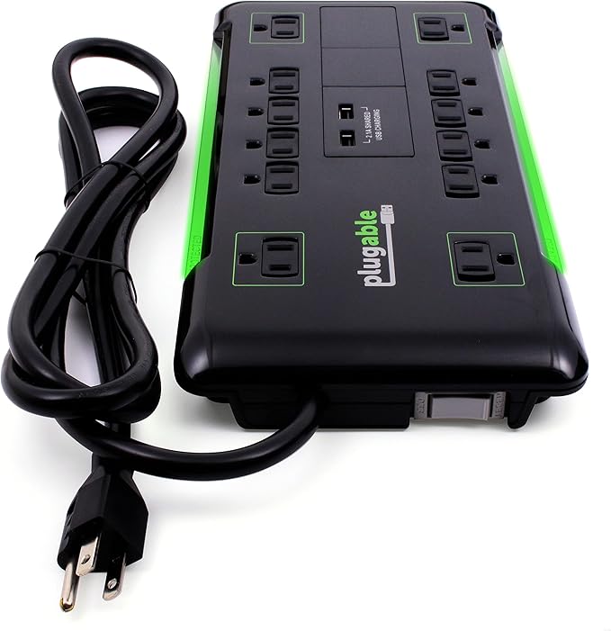 Plugable 12 Outlet Power Strip 4320 Joules Surge Protection, Built-in 10.5W 2-Port USB Charger for Android and Apple Phones, Mobile Devices, 6 Foot Cable