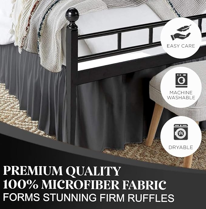 Ruffled Bed Skirt with Split Corners, Dark Grey, Full 21 Inch Drop Bedskirt, Hotel Quality Brushed Microfiber Wrinkle Free Dust Ruffle Bed Skirt Full Size