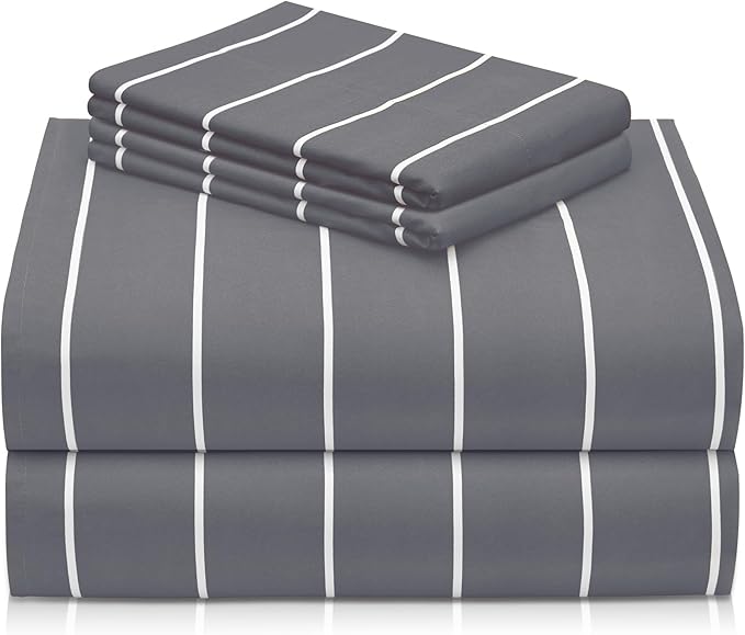 LuxClub 4 PC Full Sheet Set, Deep Pockets Wrinkle Free Cooling Bed Sheets Hotel Bedding for Women, Men, Includes 1 Fitted Sheet, 1 Flat Sheet and 2 Pillowcases-Striped - Light Grey