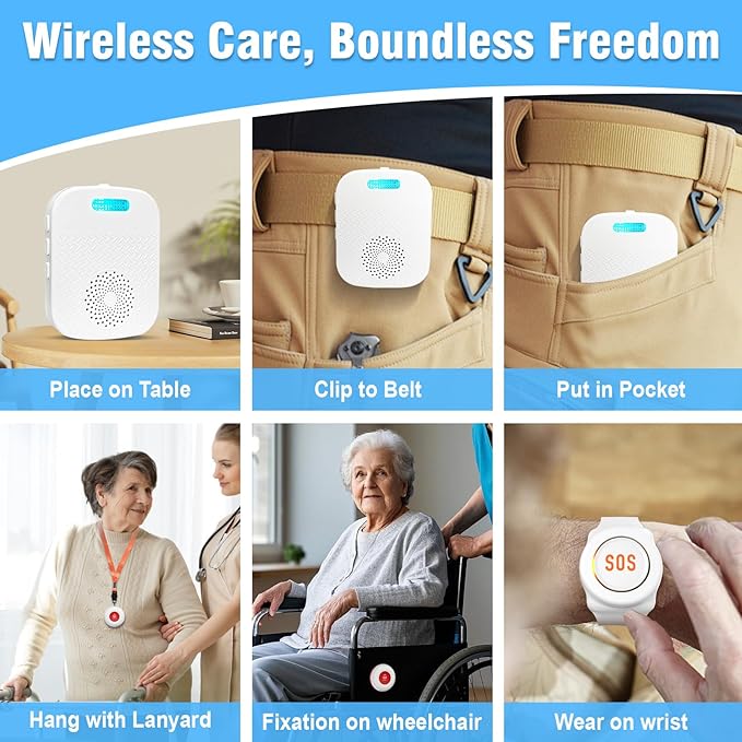 Daytech Wireless Caregiver Pager for Elderly Monitor/Seniors/Patient/Disabled at Home Nurse Alert System 300+ Feet 2 Portable/Vibration Receiver & 1 Call Button & 1 Alert Watch