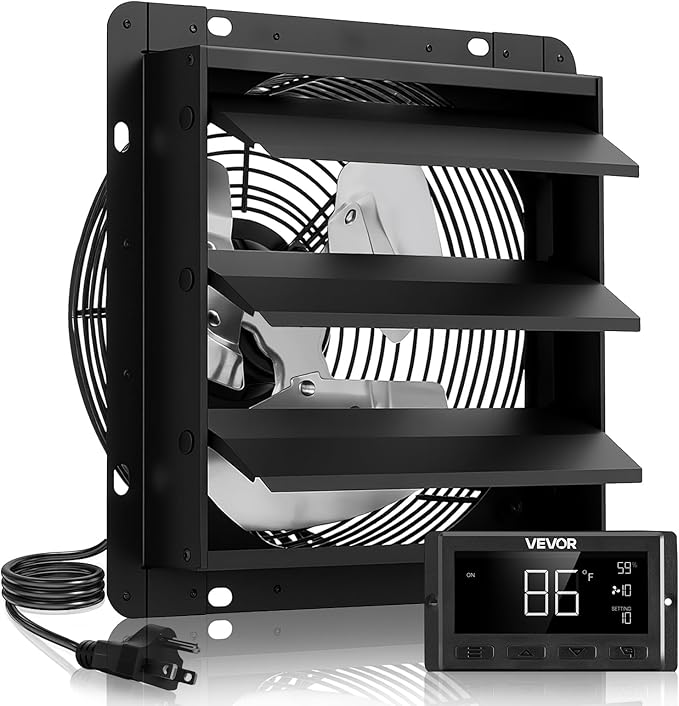 VEVOR 12 inch Shutter Exhaust Fan, Wall Mounted Attic Vent Fan with Smart Programming Variable Speed Temperature Control, 1500 CFM,EC Motor,Timer, for Shed,Garage,Greenhouse Ventilation Cooling,Black