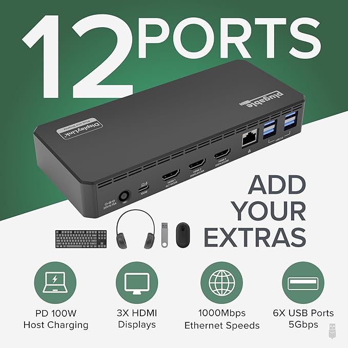 Plugable USB C Triple Display Docking Station | 100W PD, 3x HDMI (1x 4K 30Hz, 2x 1080p 60Hz), 6x USB 5Gbps Ports | Windows, macOS, ChromeOS Compatible - Enhance Productivity with Multi-Monitor Support