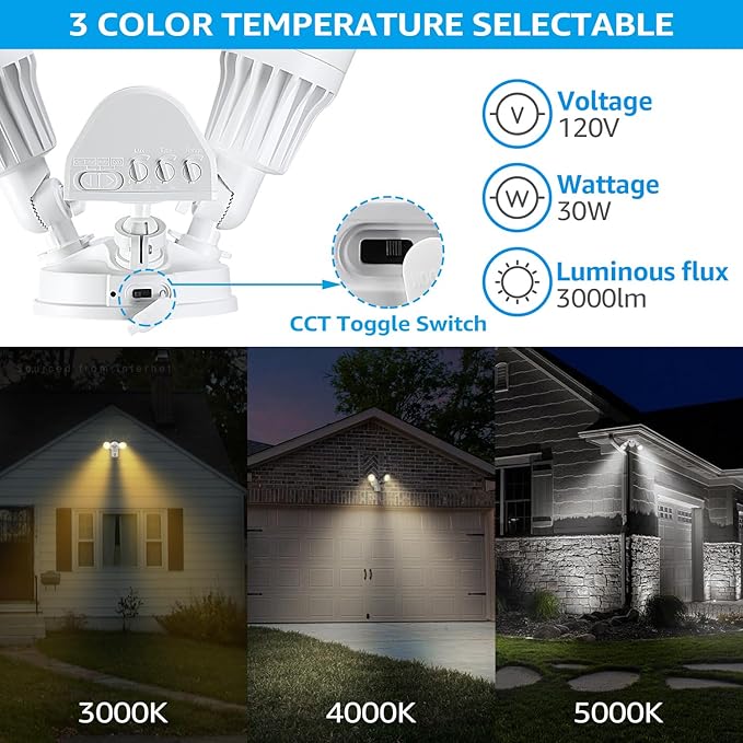 LEONLITE 3CCT LED Security Light, Motion Sensor Outdoor Lights, Dusk to Dawn, ETL Listed, Adjustable Heads, 3000K4000K5000K Selectable, Motion Detector Flood Light for Outside, IP65 Waterproof, White
