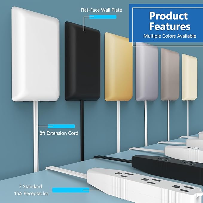 LIDER Flat-Face Outlet Extender with 3 Receptacles, Ultra-Thin Wall Plate Plug with Cord Extender and 3-Outlet Power Strip, 8ft Cord, LWE8-315-BK2P, ETL-Listed, Black, 2 Pack
