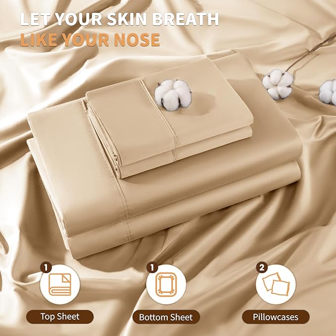 LBRO2M 100% Cotton Sheets Set Deep Pocket 19", 1000 Thread Count California King Size 4 Piece Bed Sheet Sets Soft Comfortable Bedding All Season (California King, Cream)