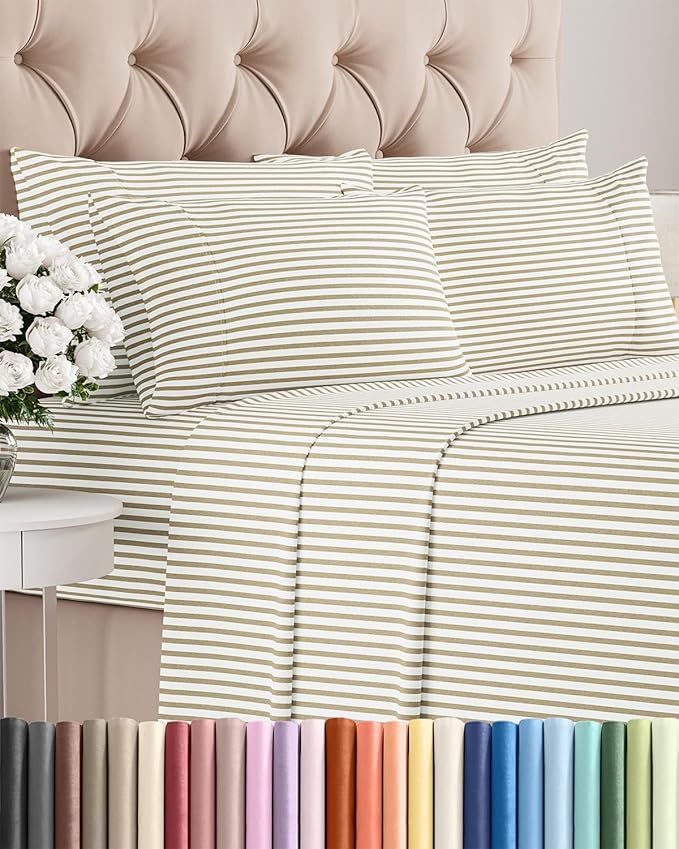 Cal King 6 Piece Sheet Set - Cooling & Breathable - Hotel Luxury Bedding, Includes Fitted Sheet for Women, Men, Kids & Teens - 1 Flat, 1 Fitted Sheet, 4 Pillowcases w/Deep Pockets - Beige Stripes