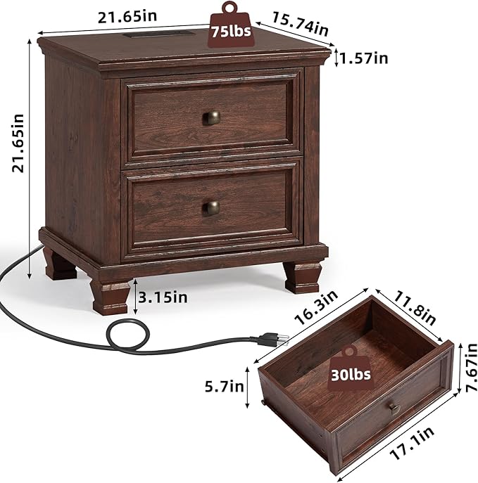 Farmhouse Nightstand with Charging Station, Rustic Low Night Stand with 2 Drawers, Mid-Century Modern End Table with 4 Square Solid Wood Legs, Small Dresser for Bedroom, Home, Walnut