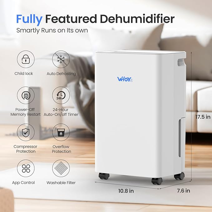 Dehumidifier for Basements, 2000 Sq. Ft., 30 Pints, Max 50 Pints 1.6L Tank, App-Controlled, With 4.9 ft Drain Hose Low noise, for Living room, Basements and Office
