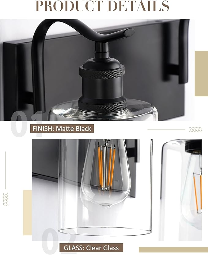 4-Light Black Bathroom Light Fixture Over Mirror, Modern Vanity Light, Clear Glass Wall Sconce, VL01BK-4