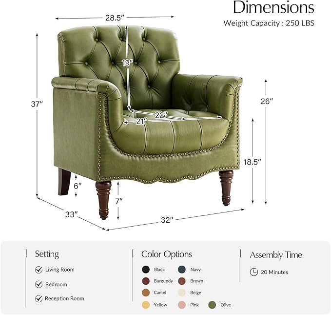 HULALA HOME Mid Century Modern Leather Club Chairs Set of 2, Top-Grain Genuine Leather Armchairs with Button-Tufted Back & Solid Wood Legs, Accent Chairs for Living Room/Bedroom/Home Office, Olive