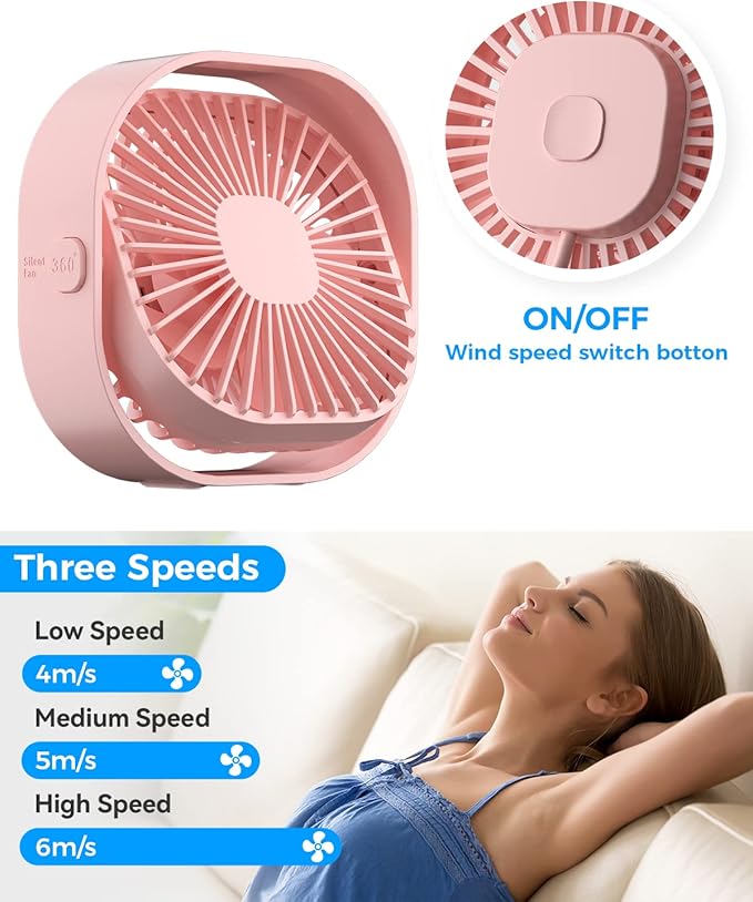 RJVW 4 Inch Small USB Desk Fan, 3-Speed Portable & 360°Rotatable Mini Cooling Fan, USB-Powered Desktop Fan for Home Office Bedroom Dorm Indoor Outdoor Summer Gift
