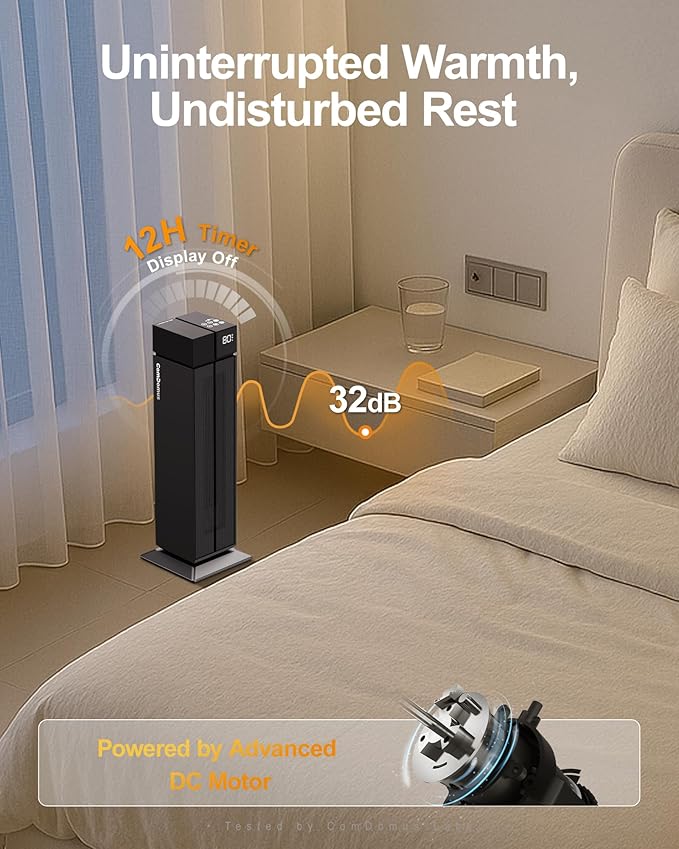 ComDomus Space Heater Large Room, 25” Electric Room Heaters for Indoor Use with 120° Oscillation, 3 Heat Levels, 3 Modes, Multiple Safety Protections, 12H Timer, Black Ceramic Tower Heater for Bedroom
