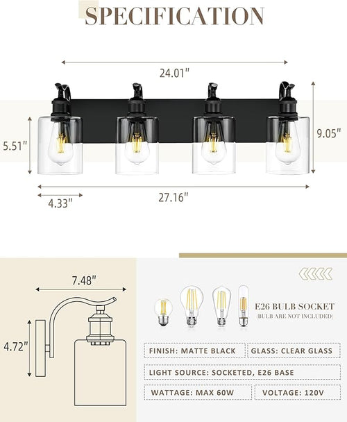 4-Light Black Bathroom Light Fixture Over Mirror, Modern Vanity Light, Clear Glass Wall Sconce, VL01BK-4