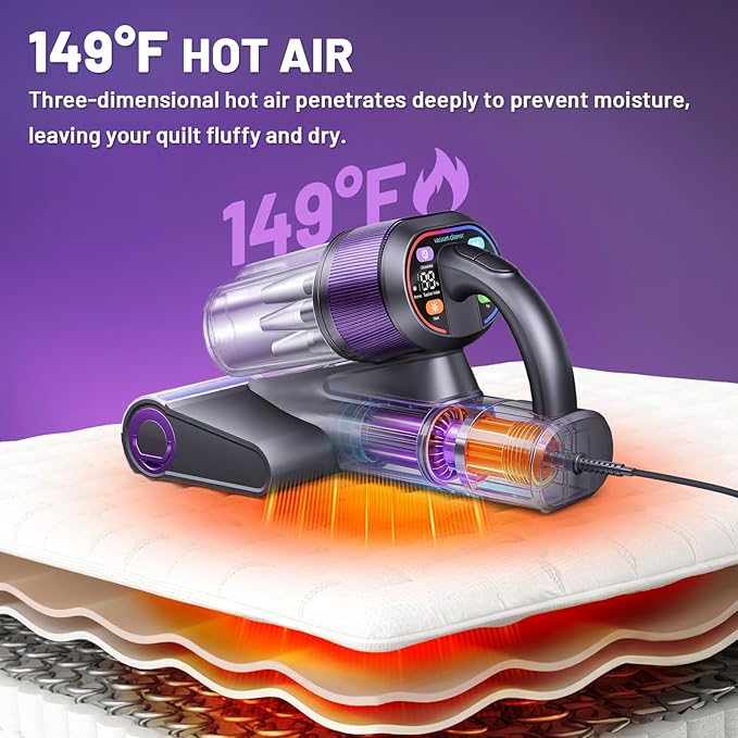LED Display Mattress Vacuum Cleaner, 18Kpa Bed Vacuum Cleaner with 253.7nm UV-C Light, 149℉ Heat, Triple-Cup Versatile Handheld Vacuums for Bed Sofa Carpets Pet Hair