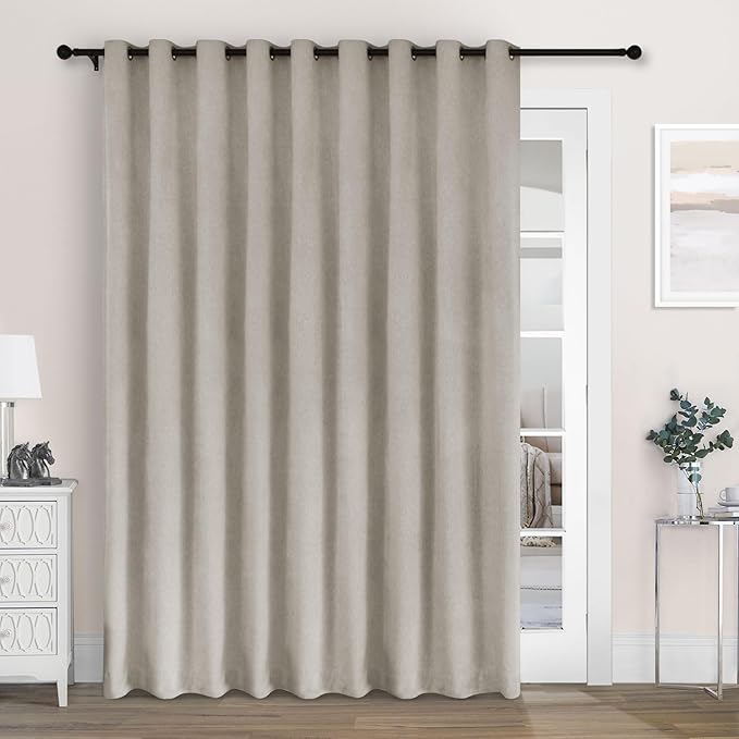 Macochico 100% Blackout Chenille Curtains for Sliding Door Thermal Insulated Noise Reducing Drapery for Living Room Bedroom Hotel, Grommet Curtains with Tieback, Beige, 120" Wx96 L 1 Panel