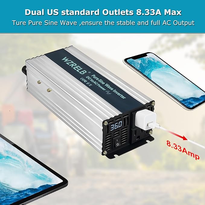 WZRELB 1000W Pure Sine Wave Inverter 36V DC to 110V 120V AC Power Converter with LED Display, Off-Grid Portable Power Inverter with 2 AC Outlets for Home, RV, Truck, Camping