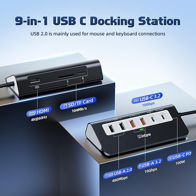 intpw P9 PRO USB C Hub 10Gbps, 9-in-1 USB C Docking Station 3.28FT with 4K@60Hz HDMI, 3 Type-C/A 3.2, 2 Type-A 2.0, PD 100W, SD/TF Port, Black Aluminum USB Hub for Laptop, iPhone 17, MacBook Air/Pro