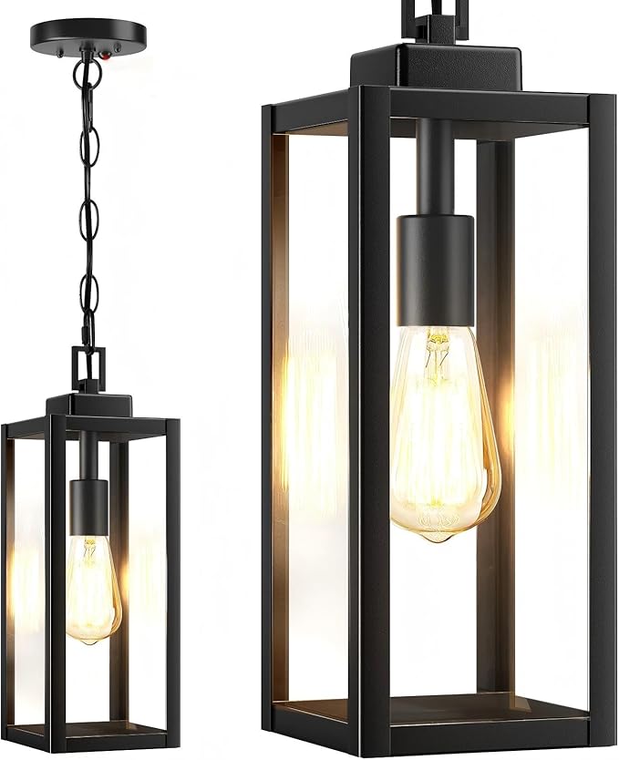 MYHXQ 15'' Large Motion Sensor Outdoor Pendant Lights, Dusk to Dawn Modern Outside Chandelier Outdoor Hanging Lantern with Clear Glass, Exterior Pendant Lighting Fixture for Porch, Yard, Black, 1Pack