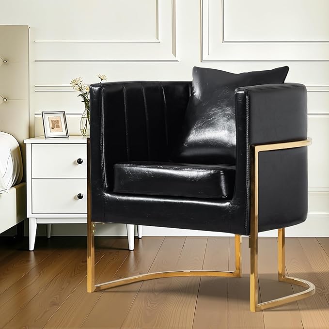 Modern Leather Accent Chair, Mid Century Upholstered Barrel Armchair with Pillow for Living Room, Comfy Single Vanity Chair with Metal Gold Legs for Bedroom, Black