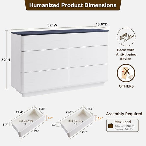 ACCOHOHO Modern 6 Drawer Dresser for Bedroom, 52" Wide Wooden Dressers with Large Storage,Handleless Chest of Drawers TV Stand for Living Room & Hallway, Curved Profile Design, White
