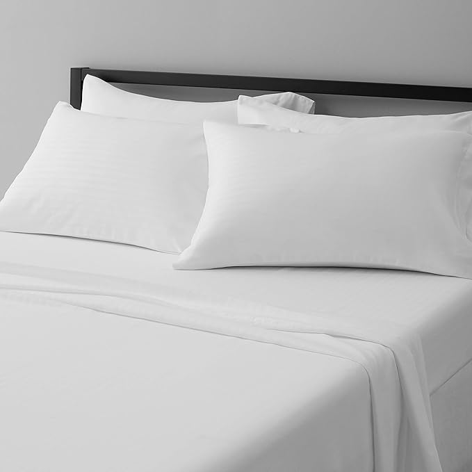 Amazon Basics Soft, Luxury Breathable King Size Wrinkle Free Bed Sheets, Deluxe Microfiber 4-Piece, Bright White Striped