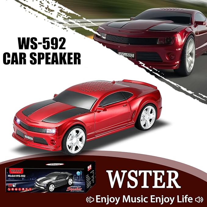 WSTER WS-592 Supercar Design Bluetooth Replica Speaker – Portable Car Model Wireless Speaker with TWS Stereo, FM Radio, LED Party Lights, USB/TF Playback, Hands-Free Calling, Microphone(Red)