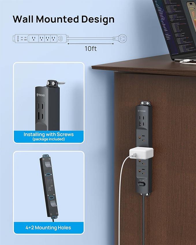 TROND 360° Rotating Plug Surge Protector, Power Strip with USB Ports, 3 USB C and 1 USB A, 1440 Joules, ETL Listed, 1625W, Wall Outlet Extender, 10ft Extension Cord for Home Office Dorm, Black