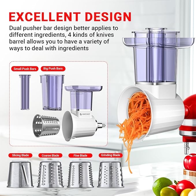 AMZCHEF Slicer Shredder Accessories and Attachments For KA Stand Mixers with 2.8IN Large Feed Chute, Oversized Cheese Grater Attachment with 4 Food Grade Blades, 304 Stainsless Steel, Dishwasher Safe