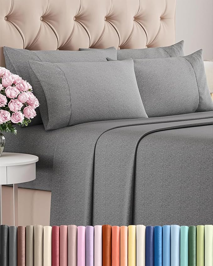 Full 6 Piece Sheet Set - Cooling & Breathable - Hotel Luxury Bedding, Includes Fitted Sheet for Women, Men, Kids and Teens - 1 Flat, 1 Fitted Sheet, 4 Pillowcases with Deep Pockets - Heathered Grey