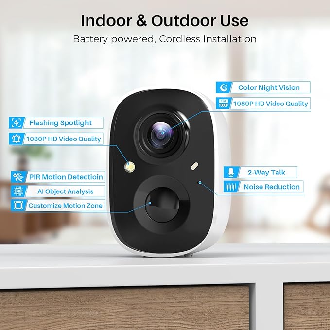 Security Cameras Wireless Outdoor Indoor, 2K Battery Powered WiFi Camera for Home Security, AI Motion Detection, Color Night Vision, IP66 Weatherproof, 2-Way Talk, Siren Alarm, SD/Cloud Storage