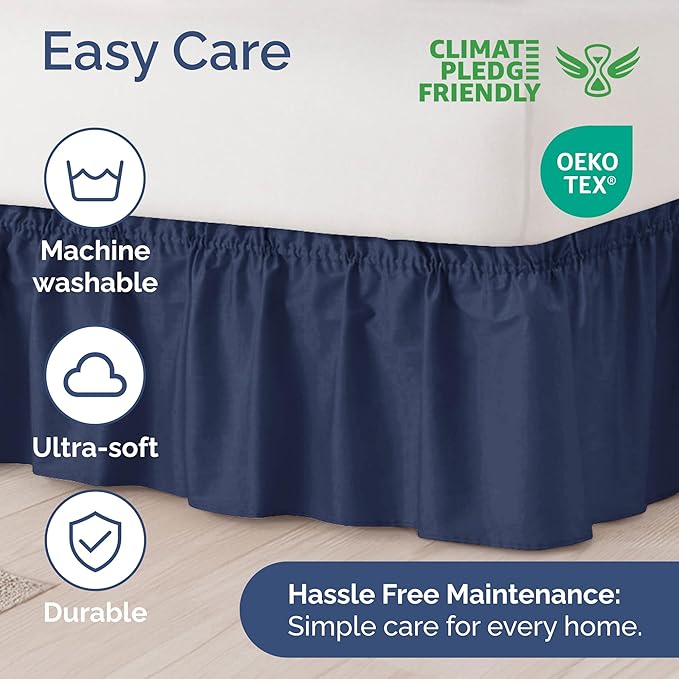 Wrap Around Dust Ruffle Bed Skirt - Navy Blue - for King Size Beds with 12 Inch Drop - Elastic Strap - Adjustable Pleated Bedskirt with Brushed Fabric and Wrinkle Free - for Women, Men, Kids & Teens