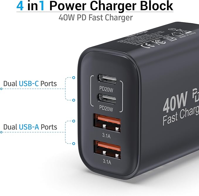 TT&C USB C Block 40W, 4 Ports Wall Plug Fast Charging Block, PD+QC Multiport Power Adapter USB C Charger Type C for iPhone 17, 17 Air, 17 Pro, 17 Pro Max, 16,15,14,13,12 Galaxy Phones-(Black 1Pack)