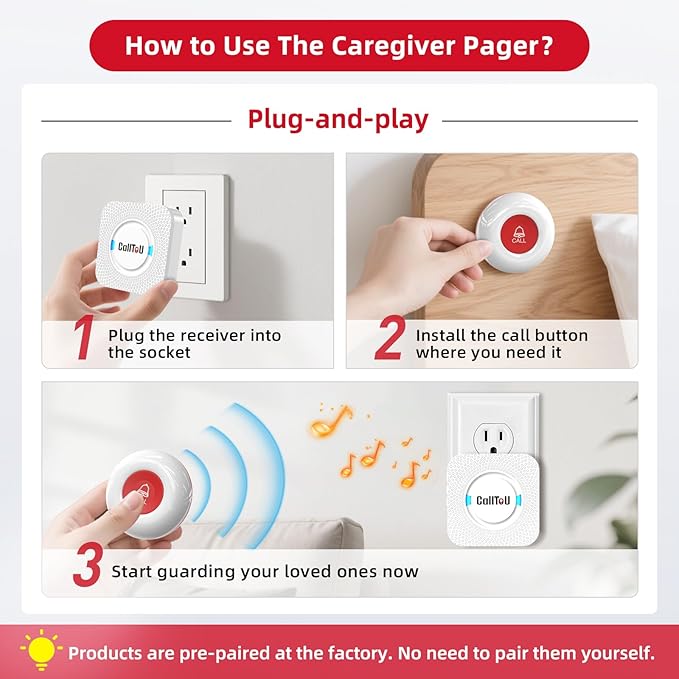 CallToU Caregiver Pager Wireless Call Button Smart Bell Alert System for Elderly Home Patient Seniors Nurse 4 Portable Waterproof Transmitters 1 Plugin Receiver