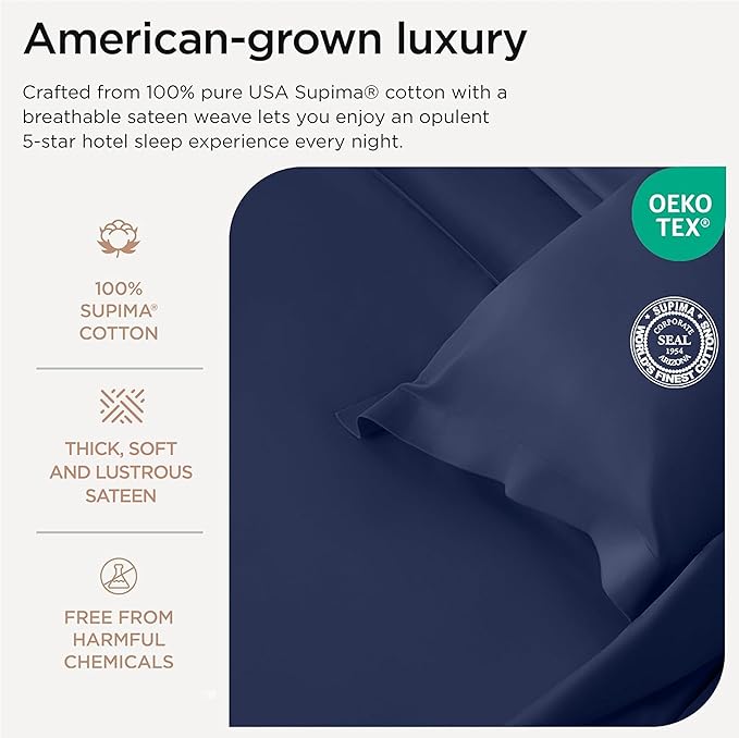 Threadmill California King Sheets, Certified American Supima Cotton Sheets, 1200 Thread Count Hotel Quality Sheet, 4 Piece Luxury Bed Sheet Set with Elasticized Extra Deep Pocket, Folkstone Blue