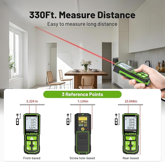 Laser Distance Measure 330Ft. Huepar Digital Rechargeable Laser Measuring Tool with Bluetooth -Phone APP, Angle Sensor, 1/16in Accuracy, M/in/Ft Unit, Pythagorean Mode, Measure Distance, Area, Volume