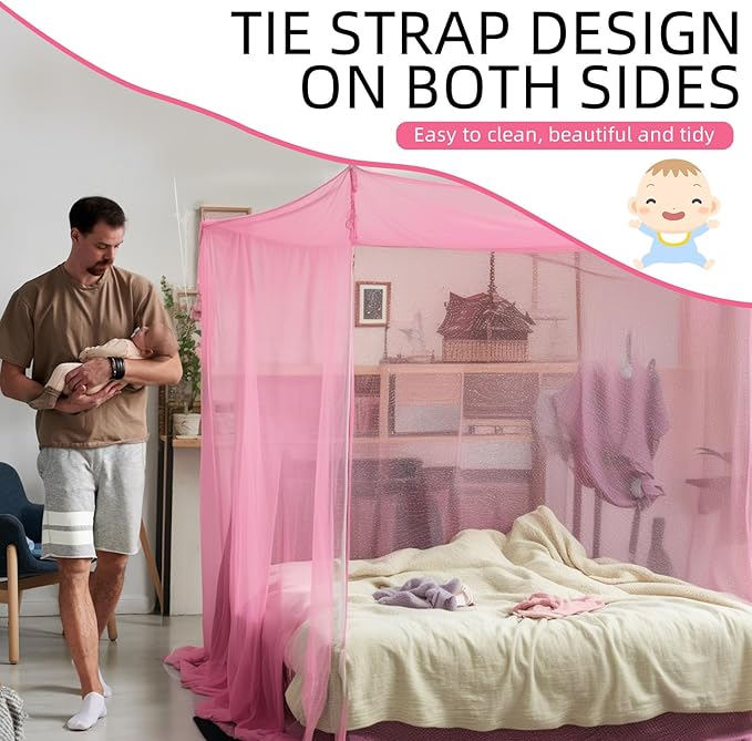 4 Corners Mosquito Net for Mosquiteros para Camas Bed Canopies Netting Bed Drapes Rectangular Mosquito Mesh for Camping Home Outdoor Travel(Pink,L75 X W59 X H67 Inch,1 Opening)
