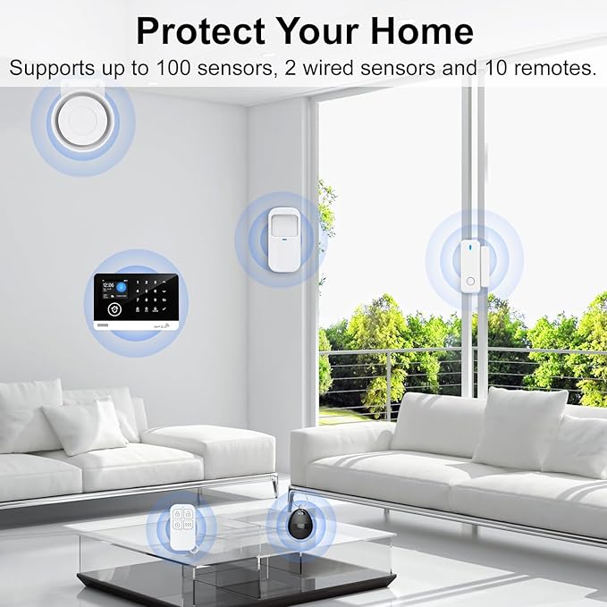 Home Security System, 4G/WiFi GSM SMS Wireless Home Alarm System with Motion Detector, 120dB Alarm Siren, Smart Remote Control, LCD Display, Compatible with Alexa and Google(12 Pieces)