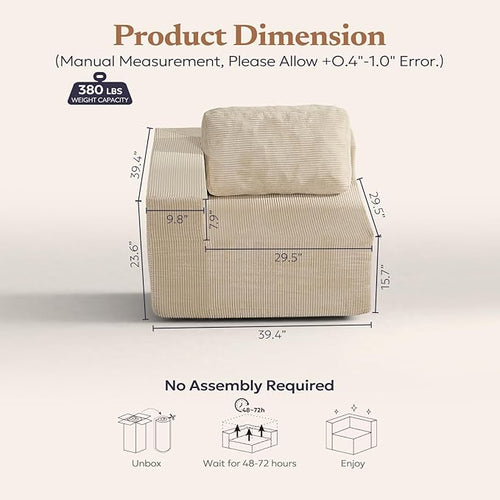 40" Modular Upholstered Foam Couch, Upholstered Floor Sofa Couch with Pillow, Single Sofa for Bedroom Living Room, No Assembly Required (Corduroy Fabric, Beige)