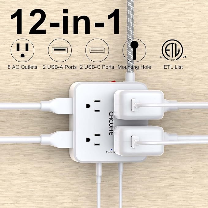 Surge Protector Power Strip - CHCORE 10 Ft Braided Extension Cord with 8 Outlets with 4 USB (2 USB C) Charging Ports, Flat Plug Multi Plug Outlet Extender Charging Station for Home Office, ETL, White