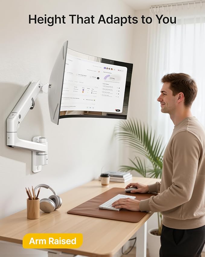 monTEK Monitor Wall Mount for 17-57“ up to 59.4 lbs Ultrawide Screens, Single Heavy-Duty Aluminum Gas Spring Monitor Arm with Full Motion Adjustment, VESA 75x75/100x100 Compatible, White